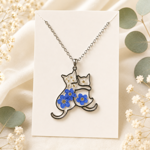 Forget Me Not Cat Real Pressed Flower Necklace (Style 158)
