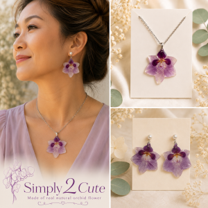 Forget Me Not Orchid Real Pressed Flower Earrings & Necklace Set (Style 160)