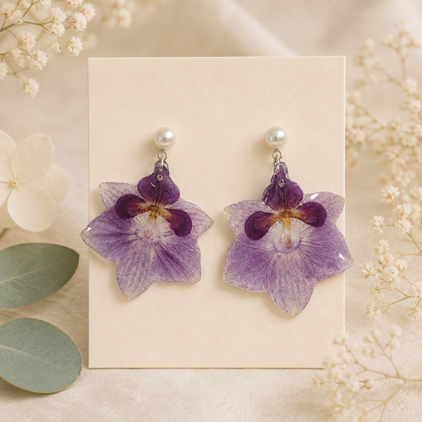 Forget Me Not Orchid Real Pressed Flower Earrings & Necklace Set (Style 160)