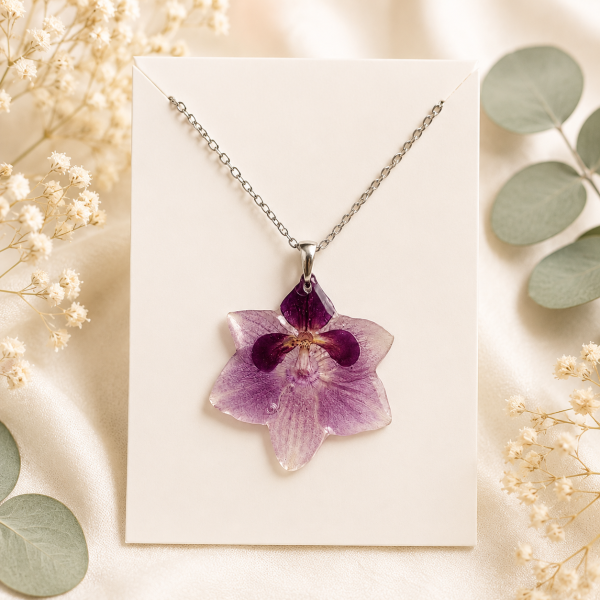 Forget Me Not Orchid Real Pressed Flower Earrings & Necklace Set (Style 160)