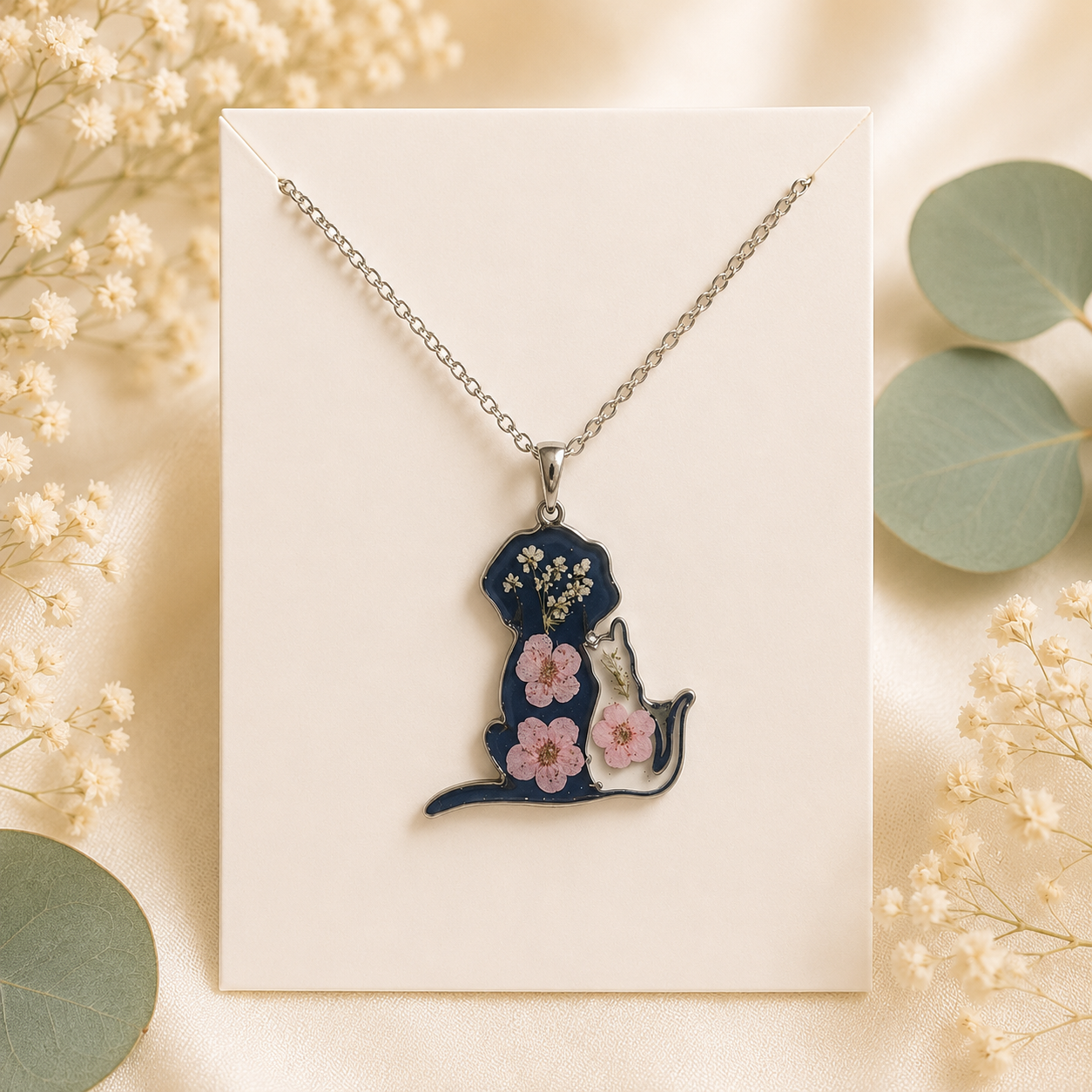 Black Light Pink Cat Real Pressed Flower Necklace (Style 165A)