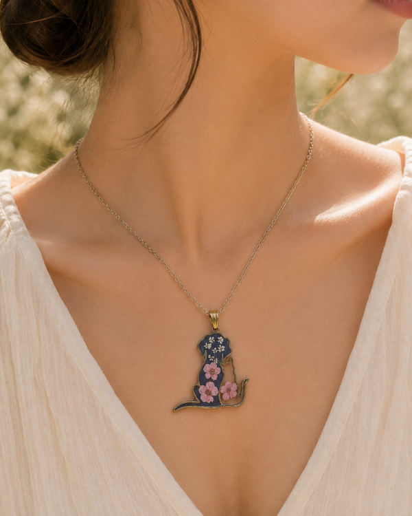 Light Pink Cat Real Pressed Flower Necklace (Style 165)