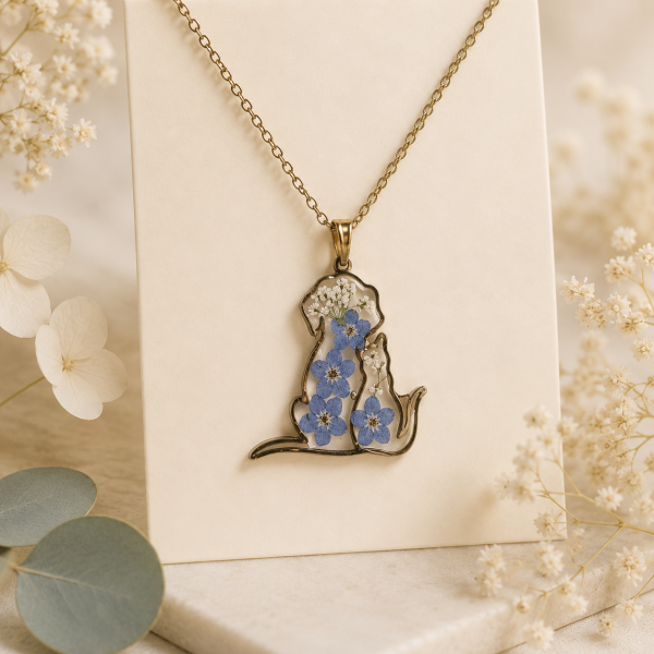 Light Pink Cat Real Pressed Flower Necklace (Style 165)
