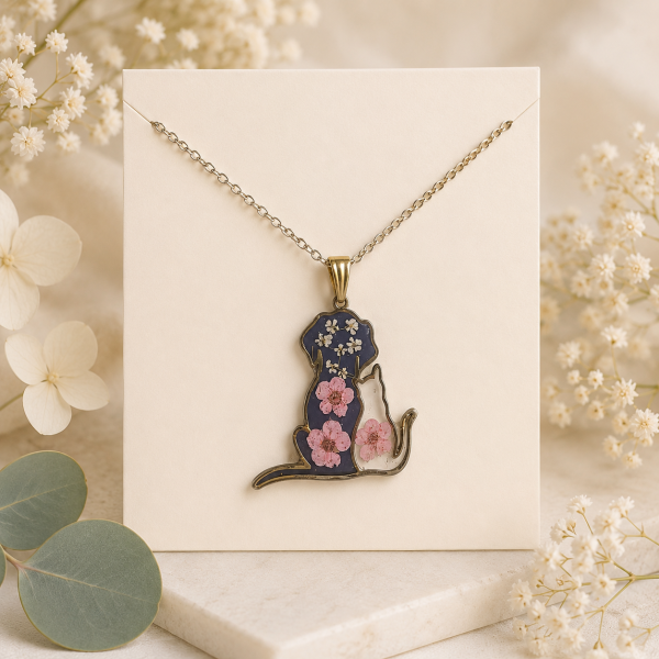 Light Pink Cat Real Pressed Flower Necklace (Style 165)