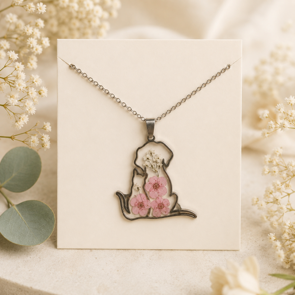 Light Pink Cat Real Pressed Flower Necklace (Style 165)