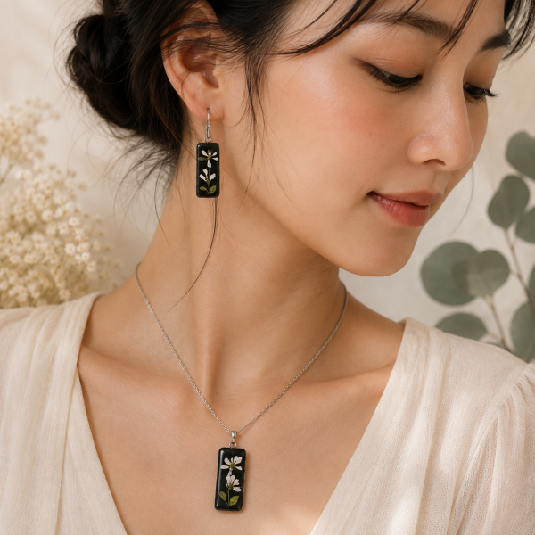 Real Pressed Flower Earrings & Necklace Set (Style 167)