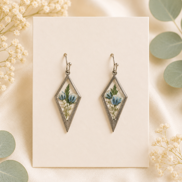 Blue Real Pressed Flower Earrings & Necklace Set (Style 168)