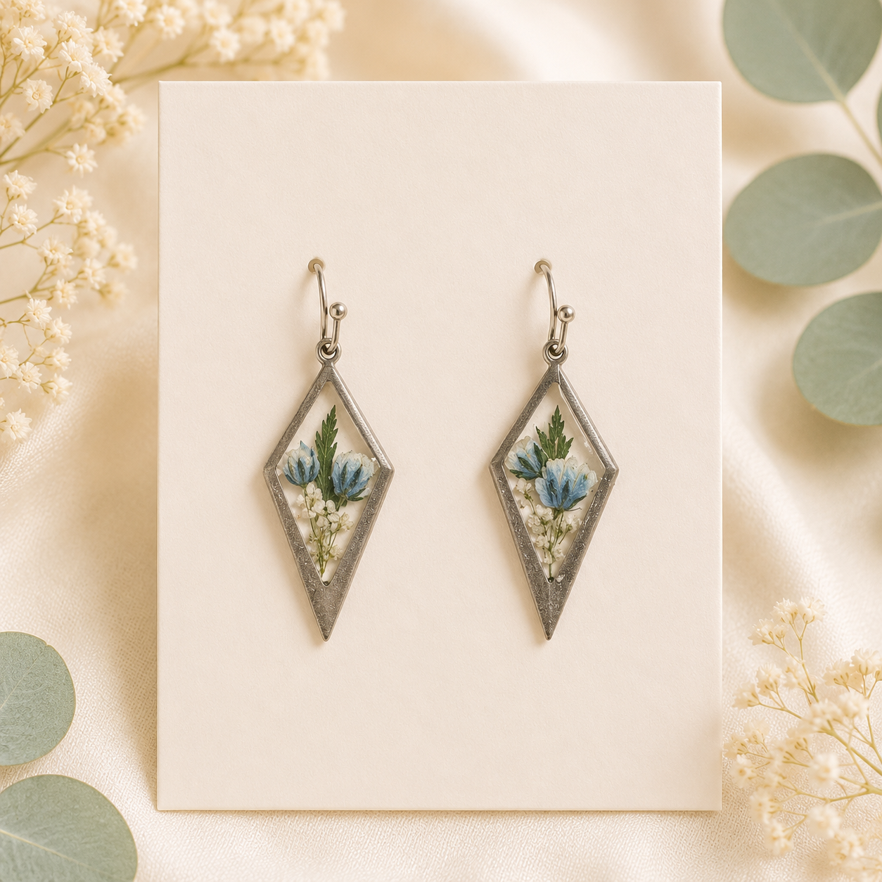 Blue Real Pressed Flower Earrings & Necklace Set (Style 168)