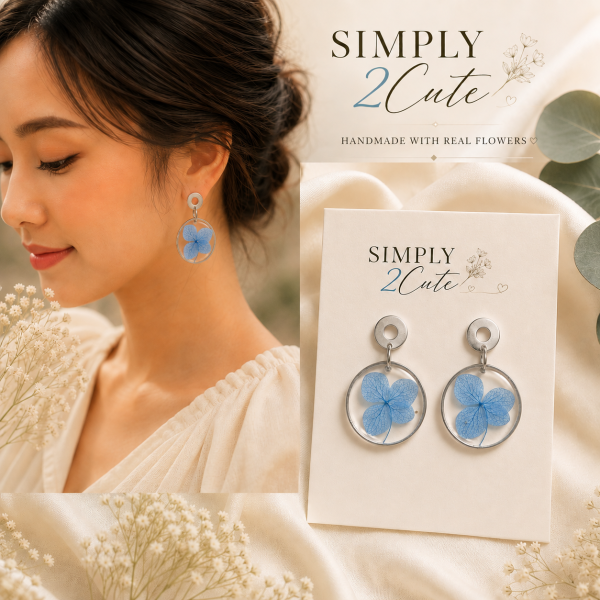 Blue Hydrangea Real Pressed Flower Earrings (Style 171)