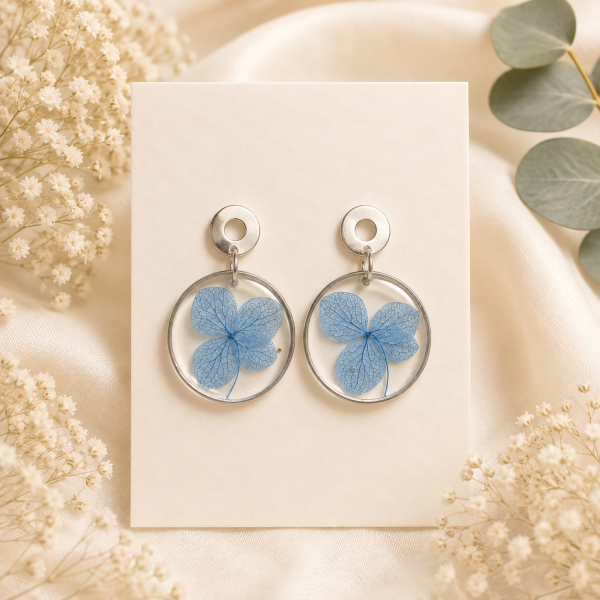 Blue Hydrangea Real Pressed Flower Earrings (Style 171)