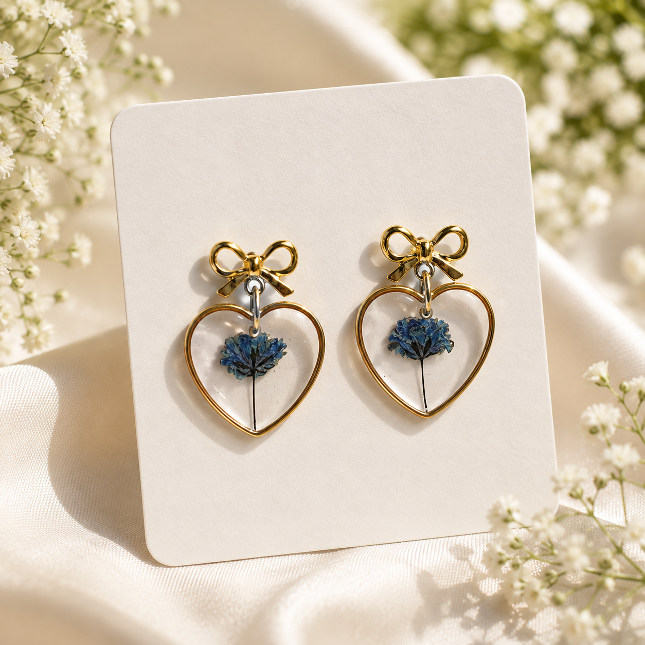 Blue Real Pressed Flower Earrings & Necklace Set (Style 172)