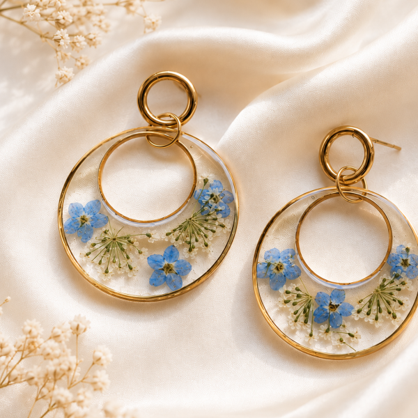 Forget Me Not Real Pressed Flower Earrings & Necklace Set (Style 71A)