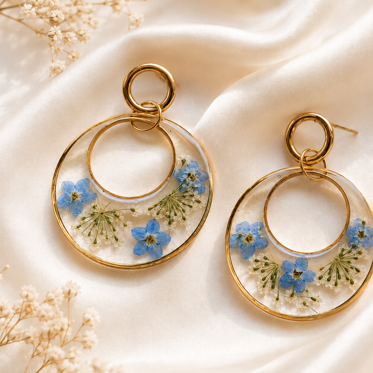 Forget Me Not Real Pressed Flower Earrings & Necklace Set (Style 71A)