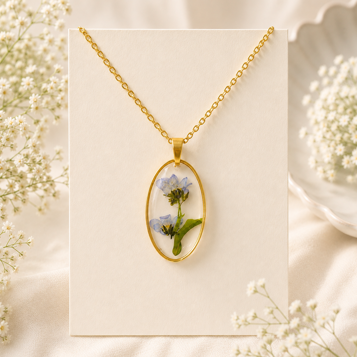 Forget Me Not Real Pressed Flower Necklace (Style 83B)